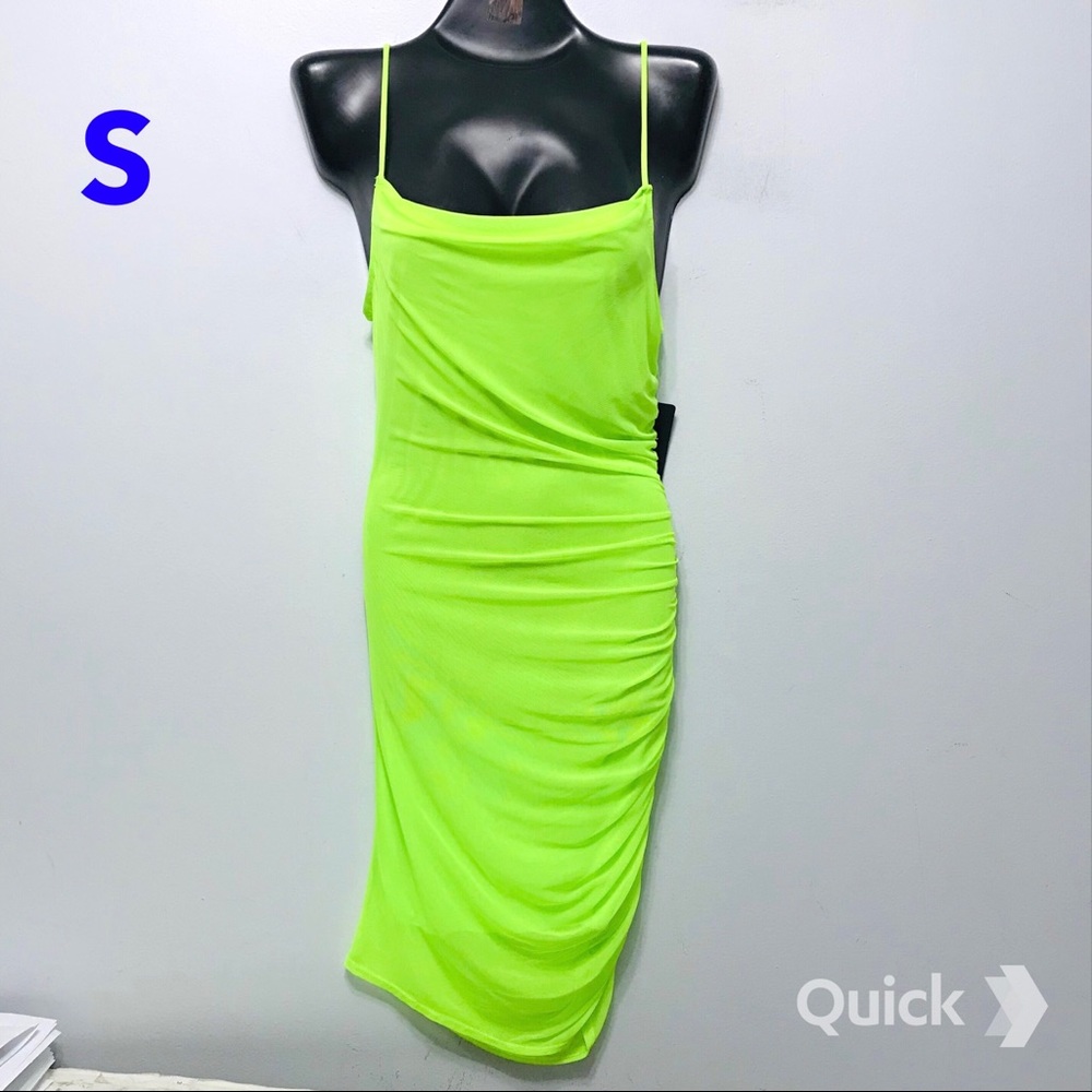 sz S - NWT BeBe Sleeveless Cowl-Neck Mesh Ruched Dress